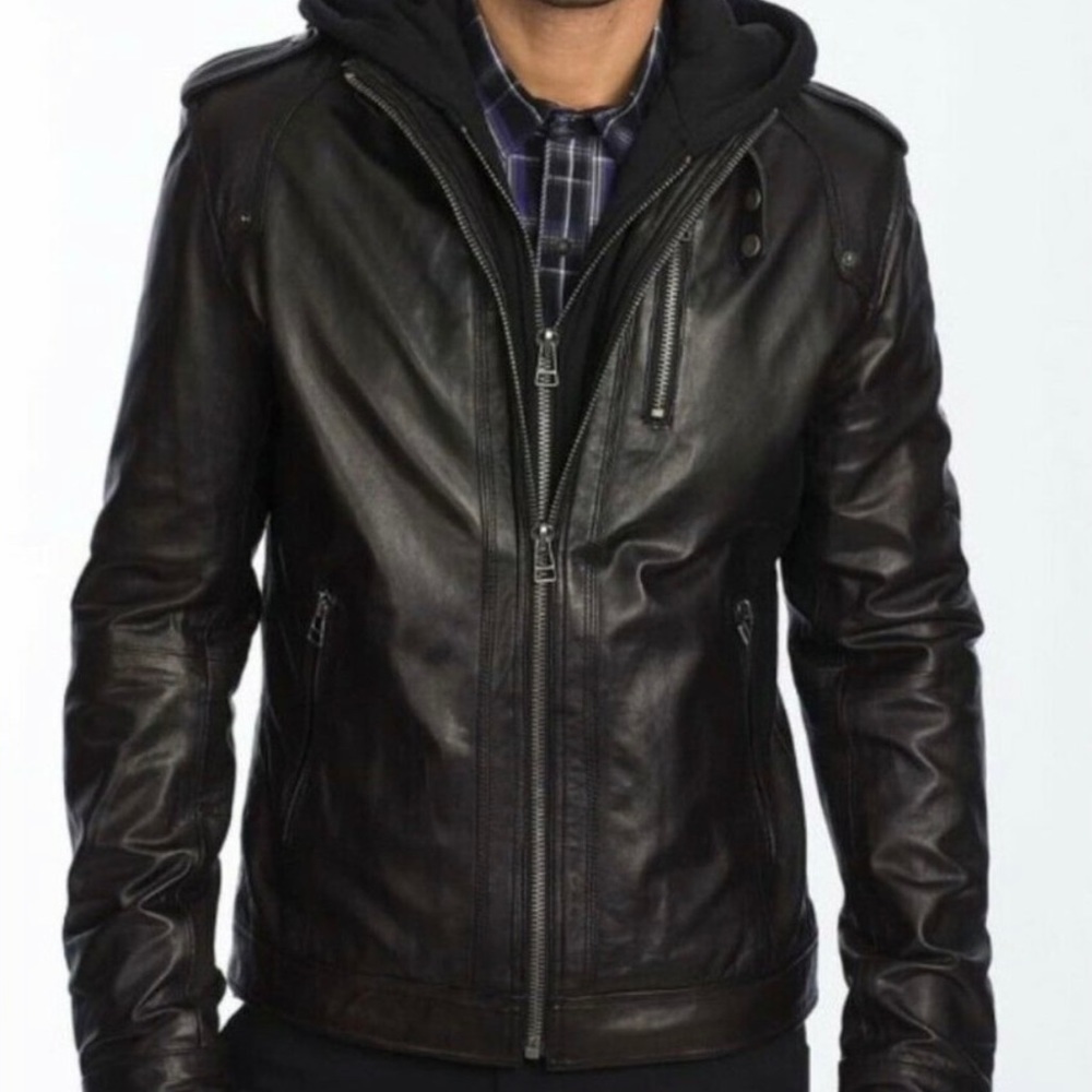 7 Diamonds Leather Jacket with detachable hoodie